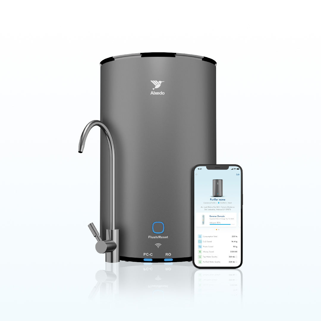 Black soda maker with a carbonation bottle and glass of sparkling fruit water, 11% discount label.